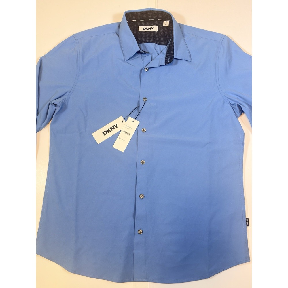 DKNY Men SZ M Bright Blue Long Sleeve Button Up UPF 30 Stretch Shirt NWT